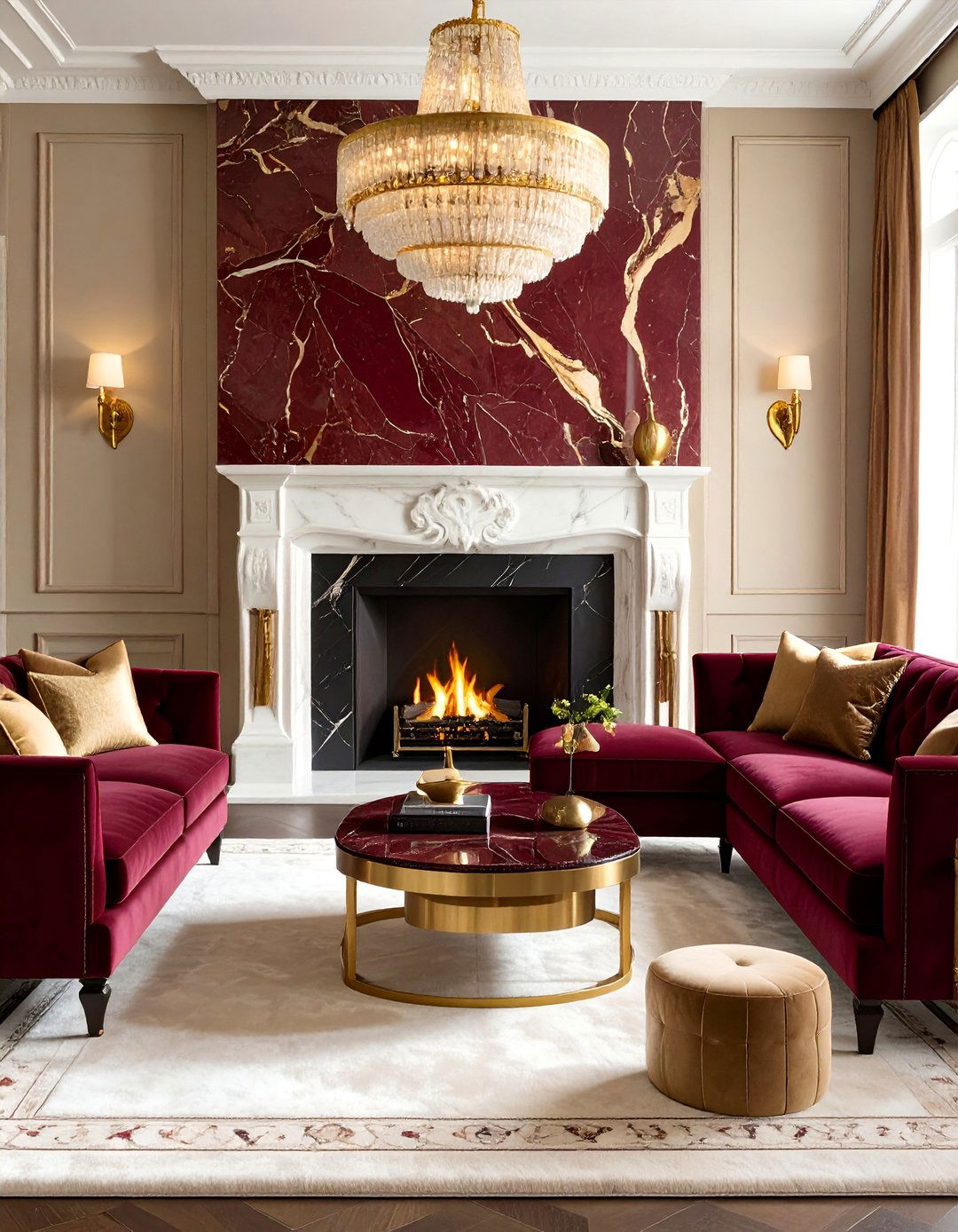 Burgundy Marble and Bronze Luxe - 20 Burgundy Sofa Living Room Ideas