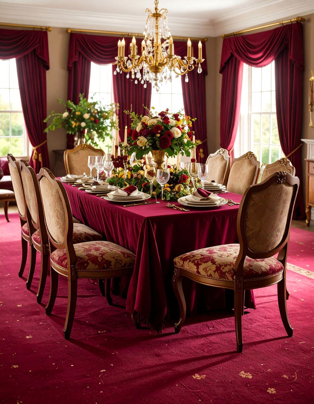 Burgundy Red Carpeted Dining Room with Traditional Warmth - 20 Carpeted Dining Room Ideas