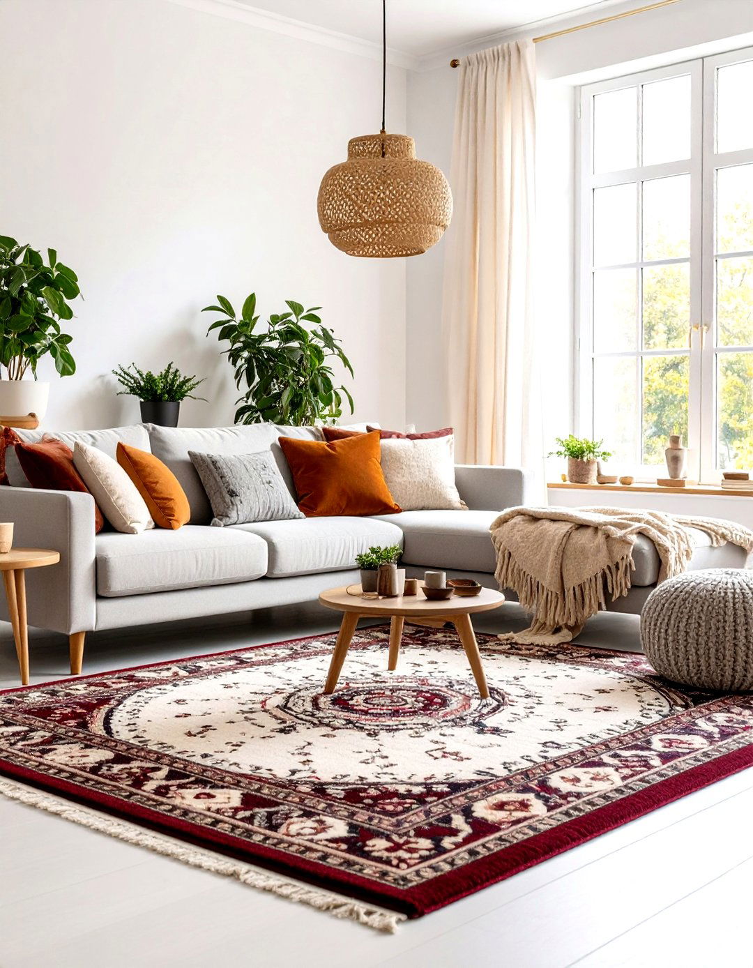 Burgundy Traditional Rug with a Grey Couch - 20 what color rug goes with a grey couch