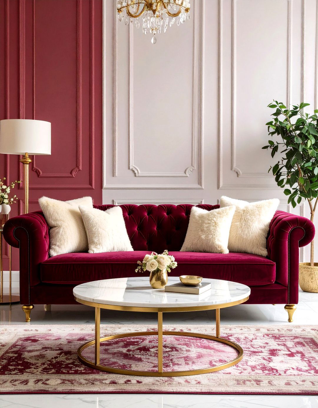 Burgundy Velvet Statement Sofa - 20 Burgundy Living Room Ideas