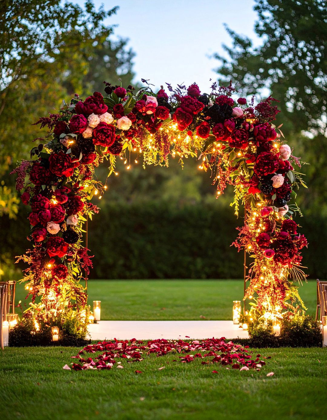 Burgundy and Black Floral Arch for a Black Themed Wedding Ceremony - 20 Black-Themed Wedding Ideas