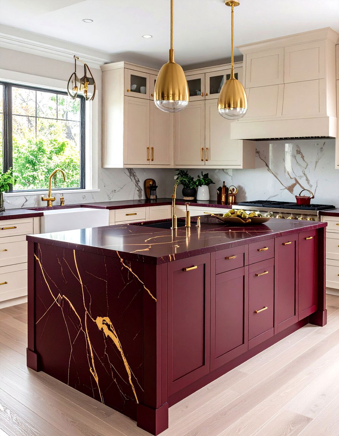 Burgundy and Gold Quartz Kitchen Countertops with Elegant Luxury - 20 Quartz Kitchen Countertops
