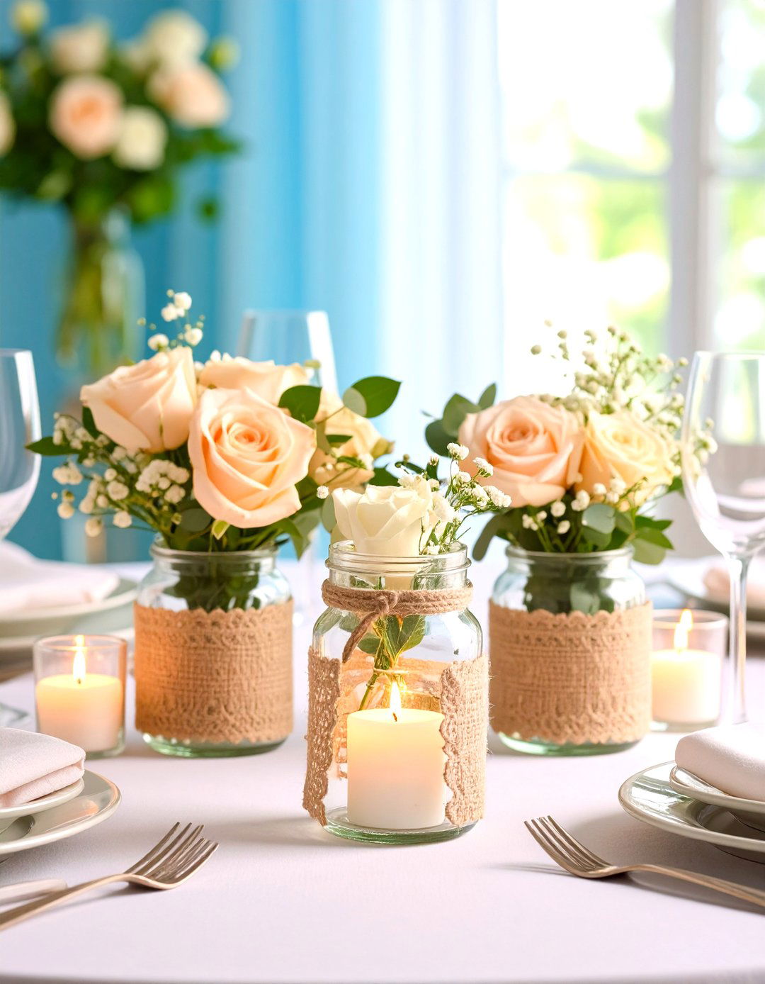 Burlap and Lace Rustic Romance - 20 Mason Jar Centerpiece Ideas