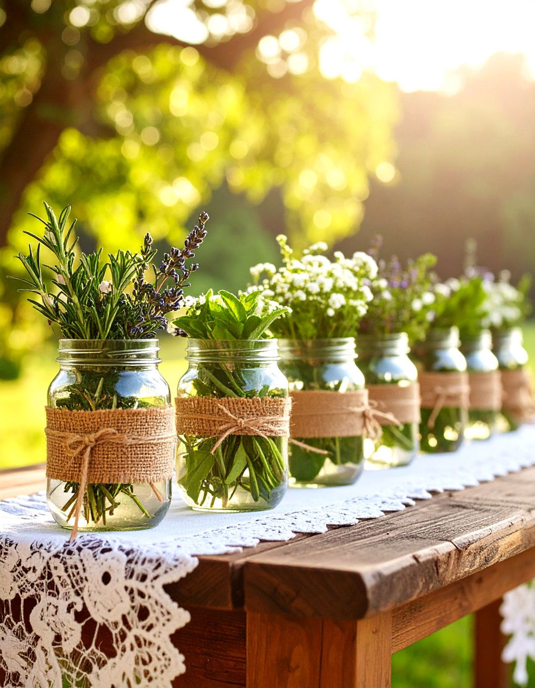 Burlap and Lace Rustic Wedding Centerpieces with Mason Jar Gardens - 20 Rustic Wedding Centerpieces