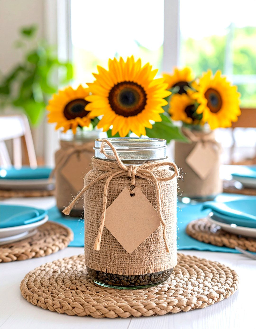 Burlap and Twine Wrapped Sunflower Mason Jar - 20 Mason Jar Wedding Centerpieces