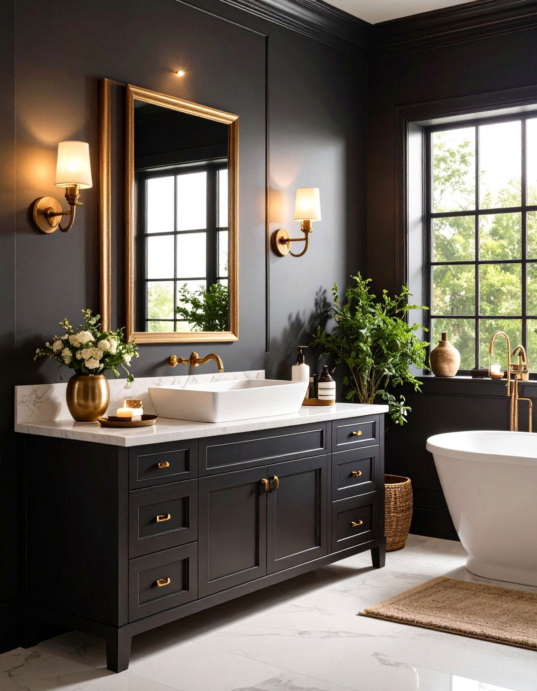 Burnished Brass Highlights for Luminous Contrast - 20 Dark Bathroom Ideas