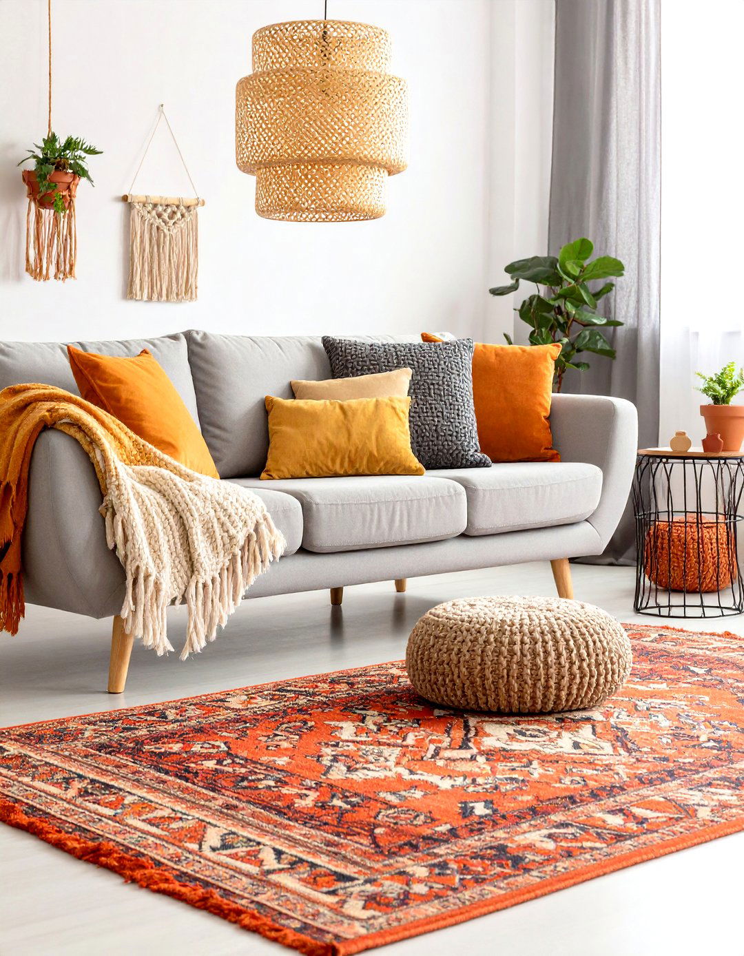 Burnt Orange Kilim Rug with a Grey Couch - 20 what color rug goes with a grey couch