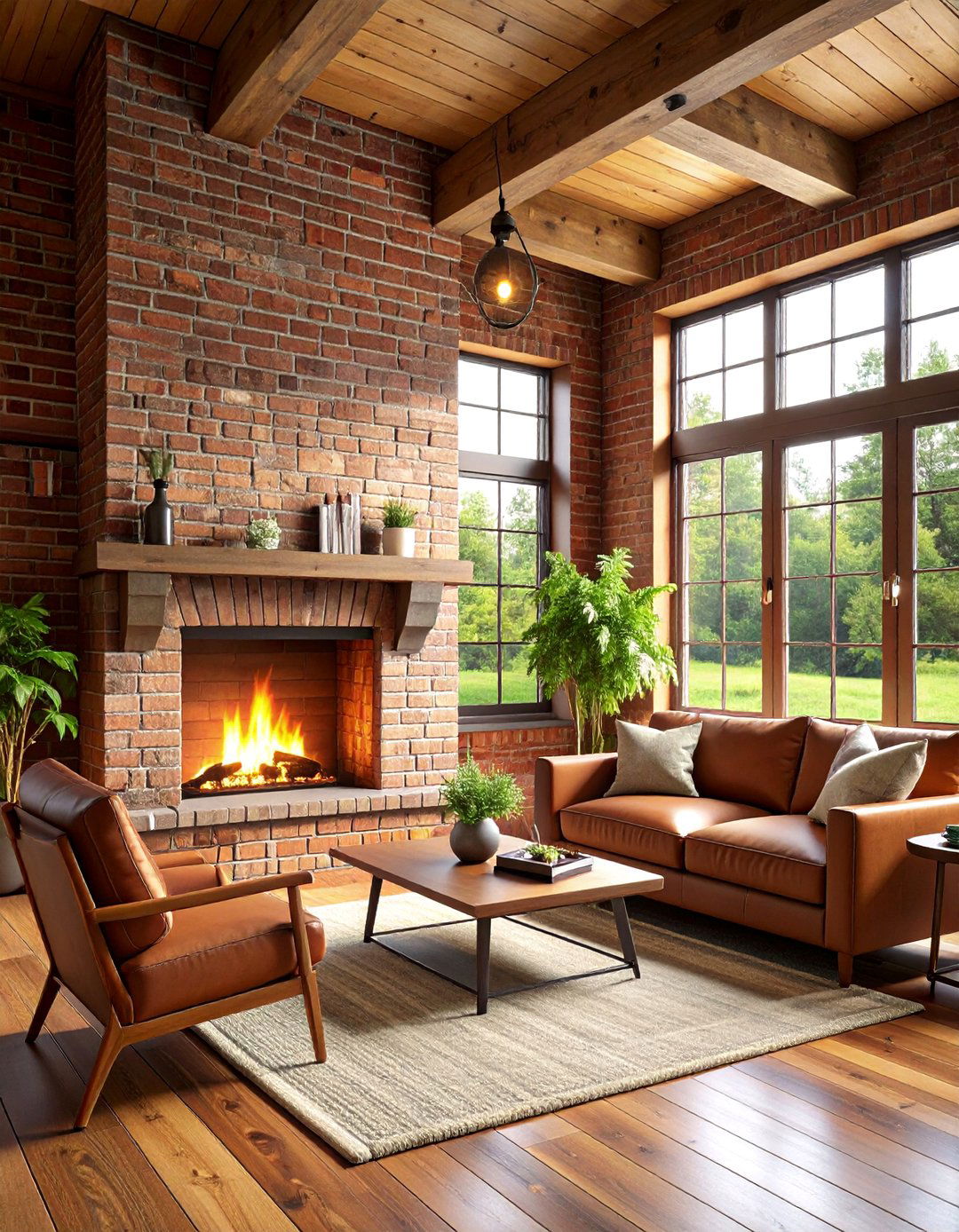 Cabin Fireplace with Exposed Brick Surround - 20 Cabin Fireplace Ideas