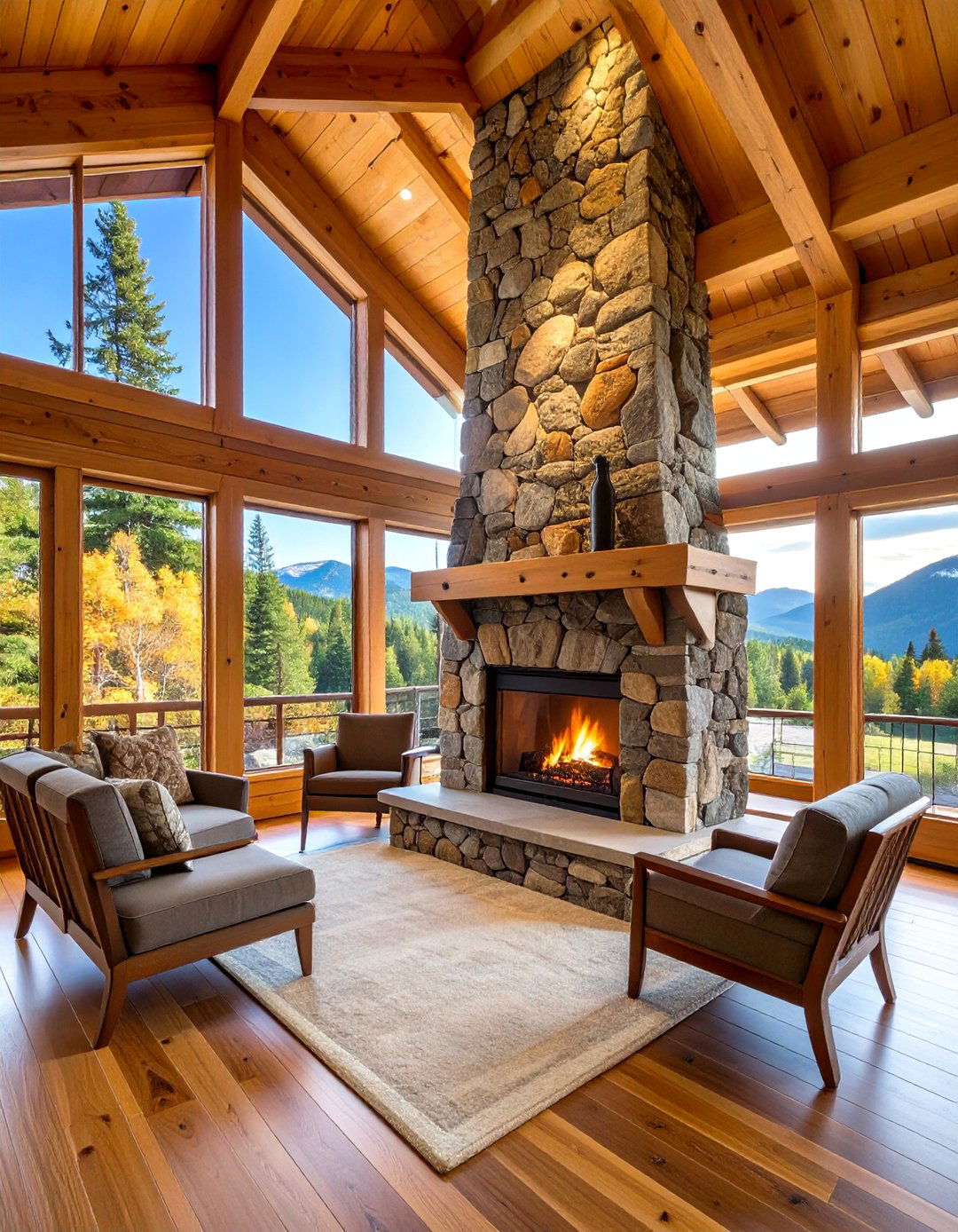 Cabin Fireplace with Natural Stone Chimney - 20 Cabin Fireplace Ideas