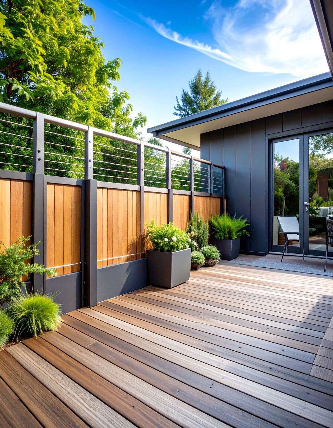 Cable Rail Top with Solid Bottom Half Wall - 20 Deck With Privacy Wall