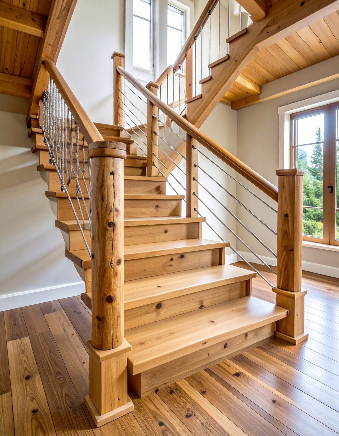 Cable Rails with Hewn Log Newels - 20 Farmhouse Rustic Stair Railing Ideas