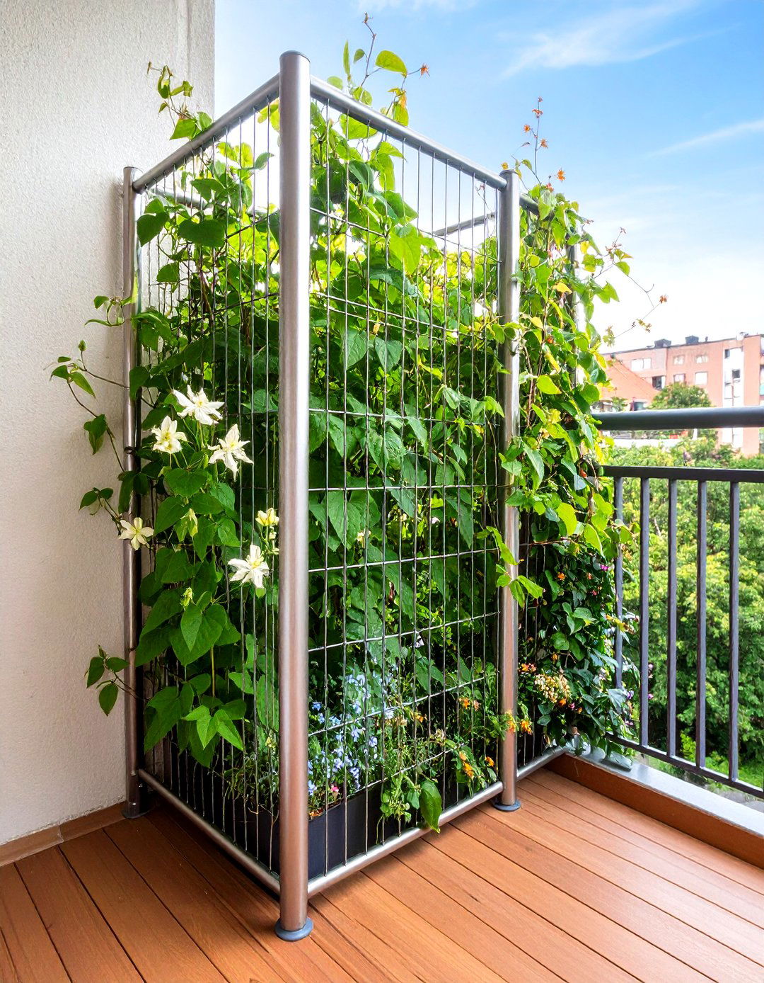 Cable Trellis Privacy Screen with Climbing Beans - 20 Green Balcony Ideas