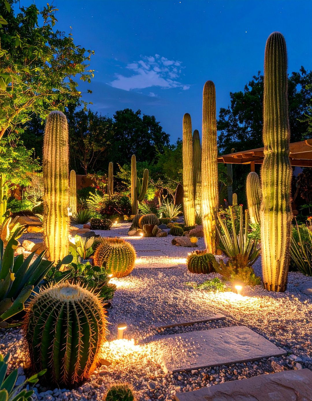 Cactus Garden With Night Lighting Drama - 20 Cactus Garden Ideas