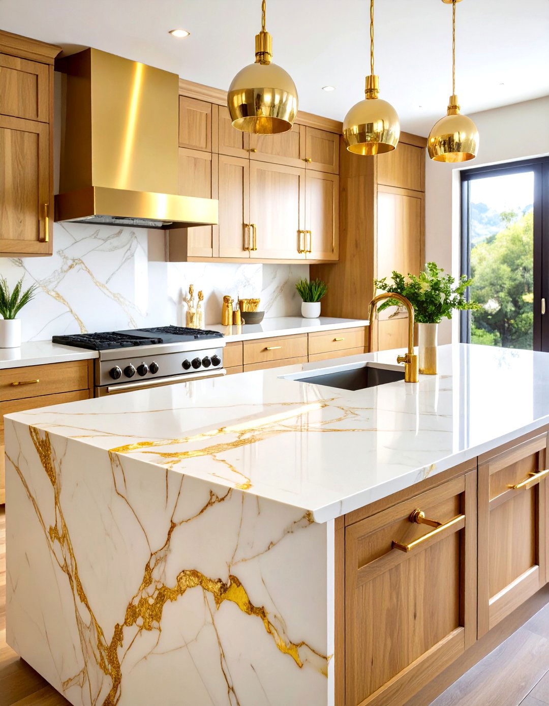Calacatta Gold Quartz Kitchen Countertops with Warm Wood Cabinetry - 20 Quartz Kitchen Countertops