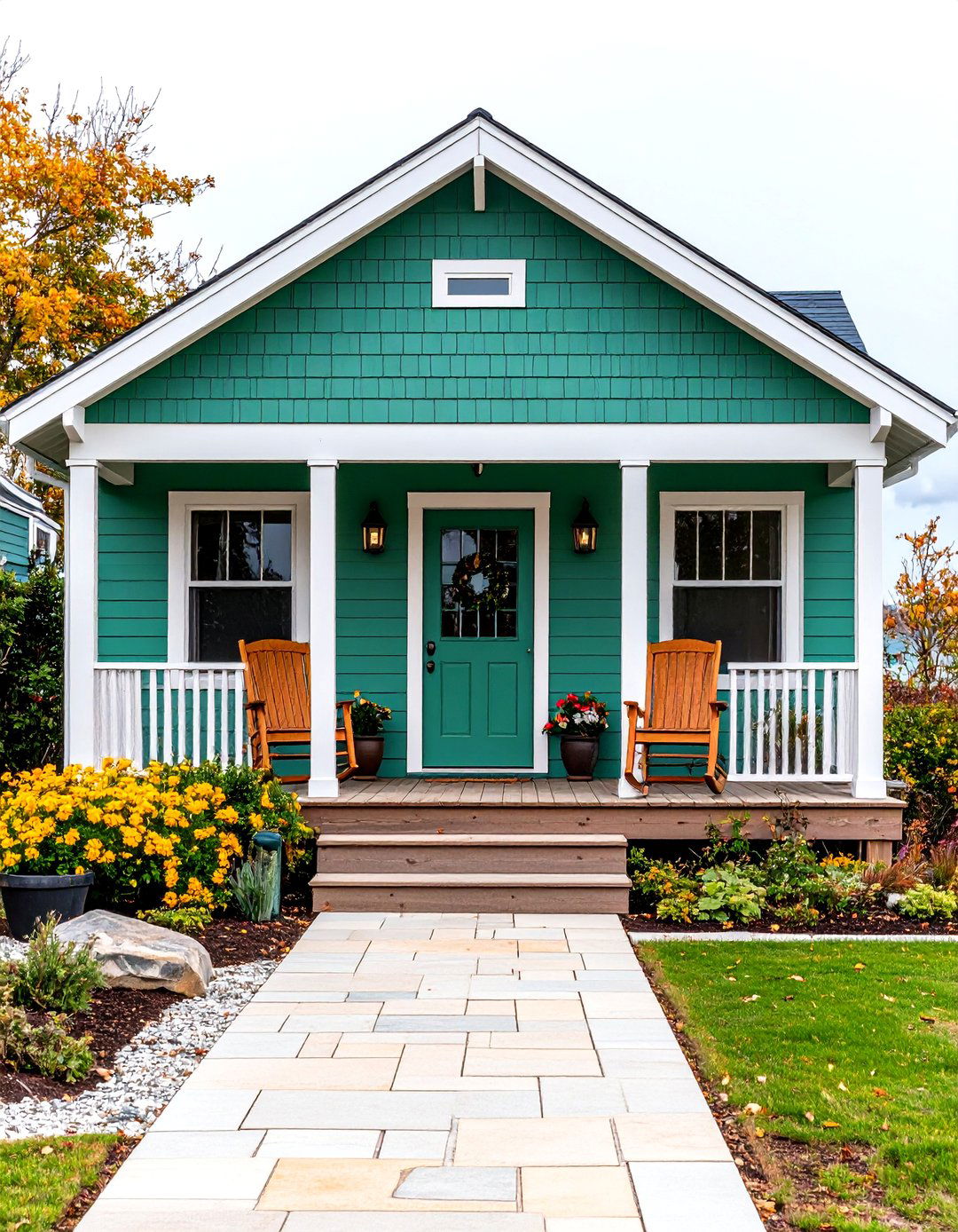 Calico Green with Coastal White - 20 Dark Green Exterior Paint Color Schemes