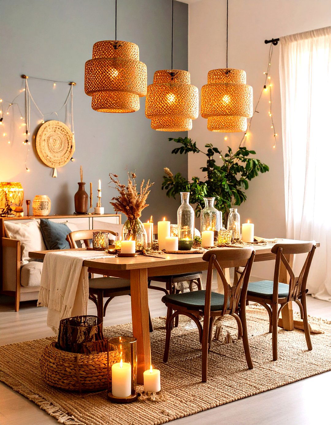Candlelight and String Lights for Twilight Magic - 20 Boho Dining Room Ideas
