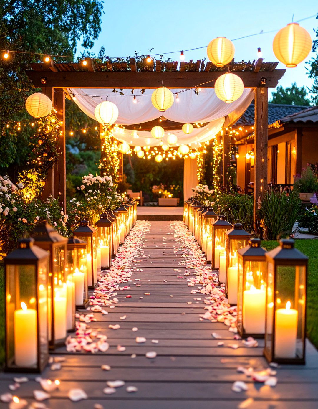 Candlelit Romance Wedding Entrance with Floating Lanterns and Soft Illumination - 20 Wedding Entrance Ideas