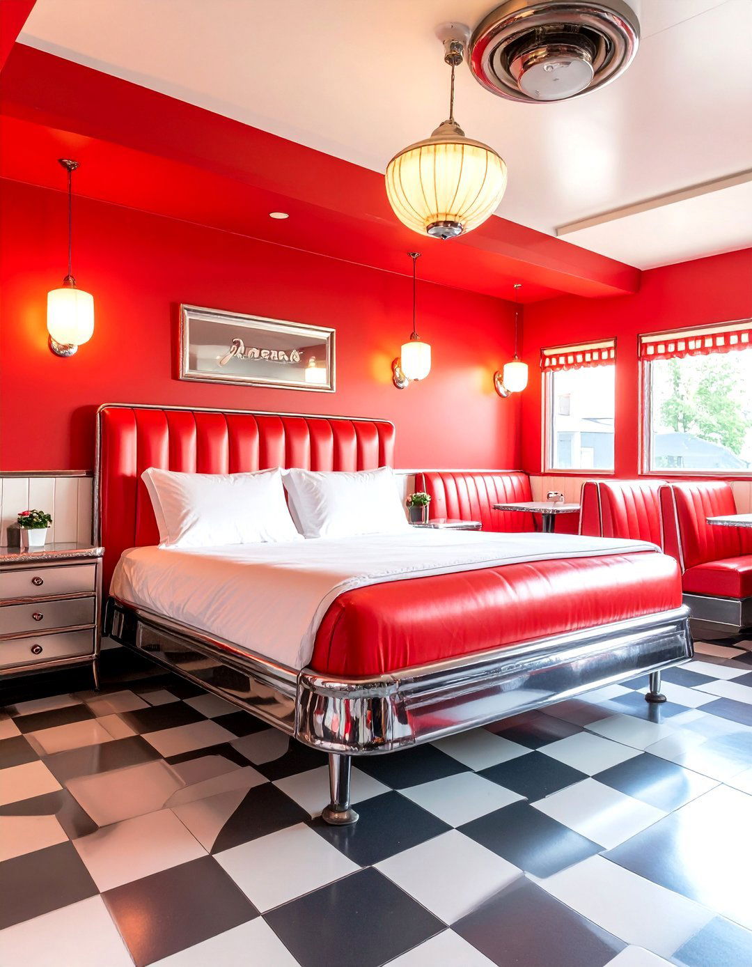 Candy Apple Red Bedroom with Retro Diner Charm - 20 Red Bedroom Ideas