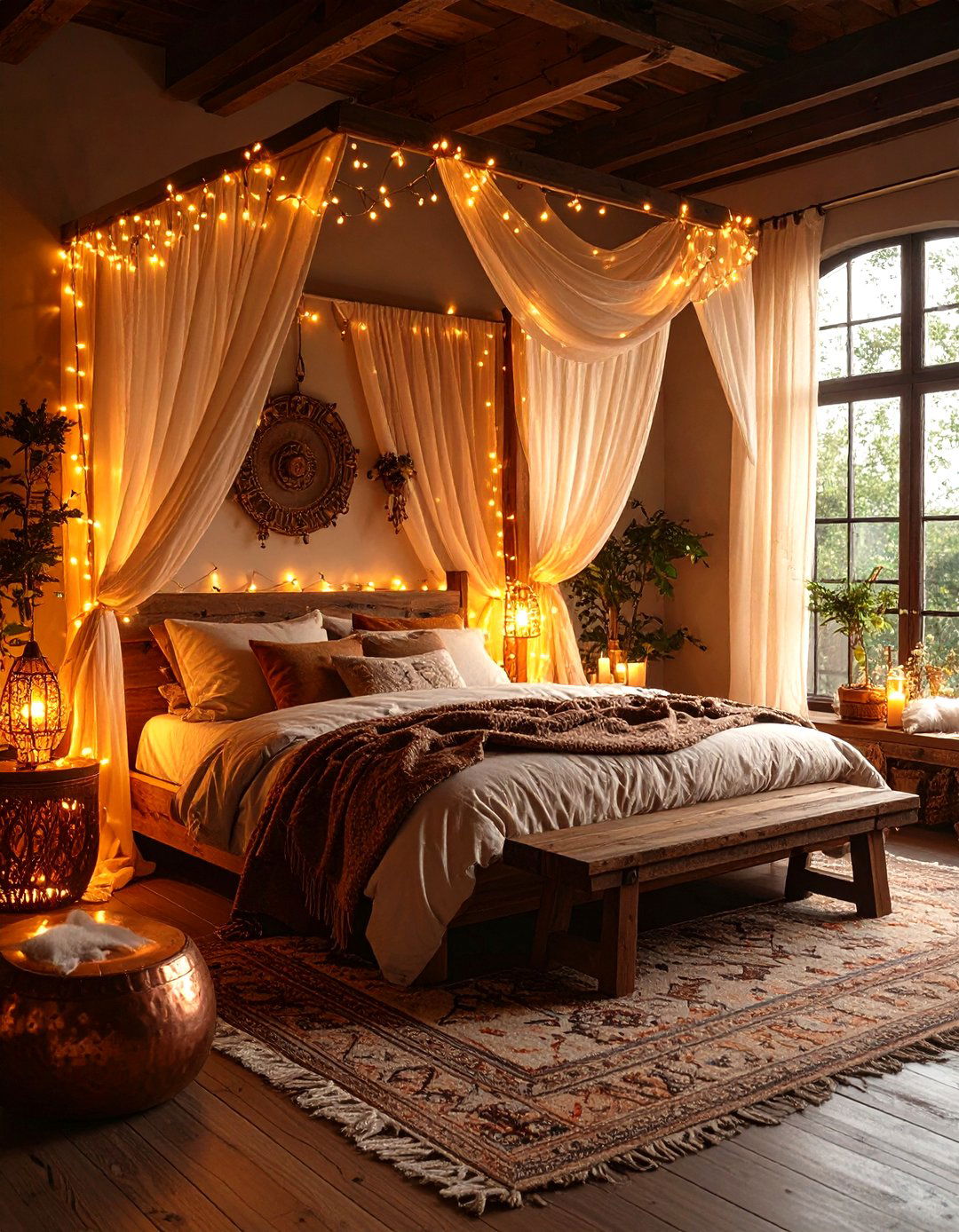 Canopy Lights Create a Bedroom Starfield - 20 Dark Boho Bedroom Ideas