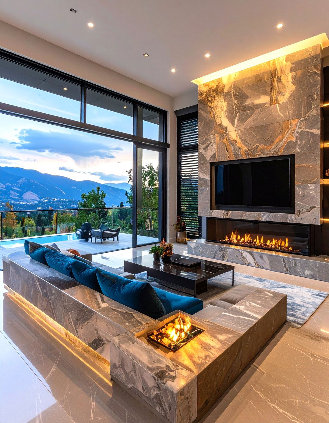 Cantilevered Stone Hearth with Hidden TV - 20 Floor-to-Ceiling Stone Fireplace Ideas