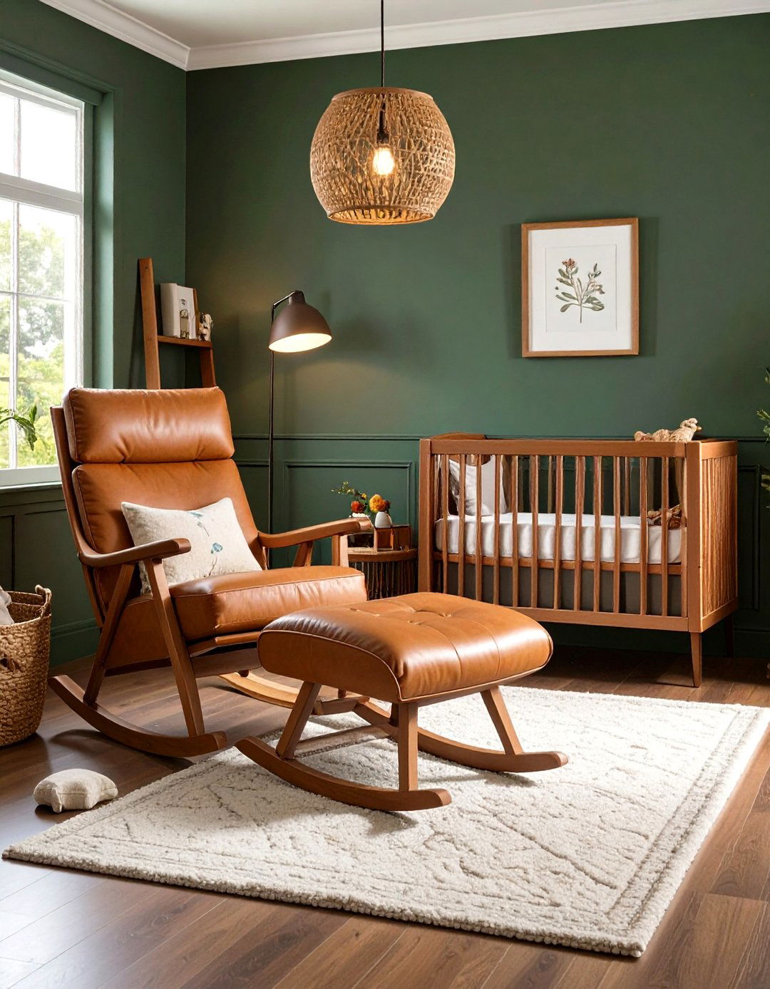Caramel Leather Ottoman in a Dark Green Nursery - 20 Dark Green Nursery Ideas