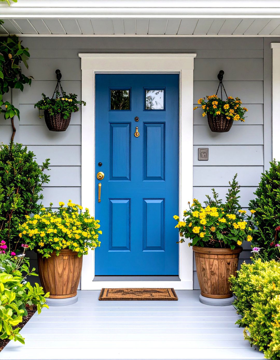 Caribbean Blue Door with Grey House and Warm Wooden Planters - 20 Grey House With Blue Door Ideas