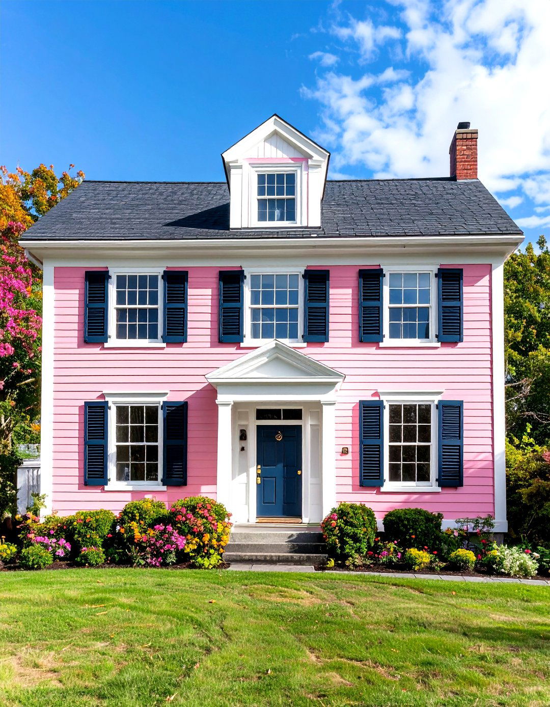 Carnation Pink House Exterior with Navy Blue Shutters - 20 Pink House Exterior Ideas