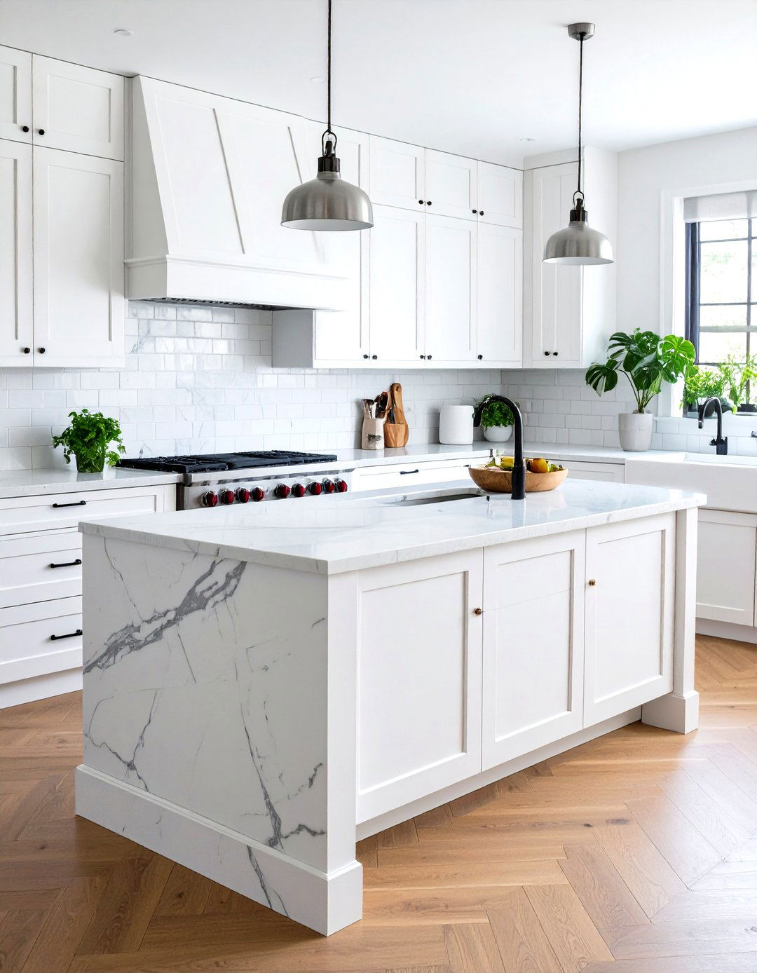 Carrara Marble Kitchen Splashback with Subway Layout - 20 Kitchen Splashback Ideas