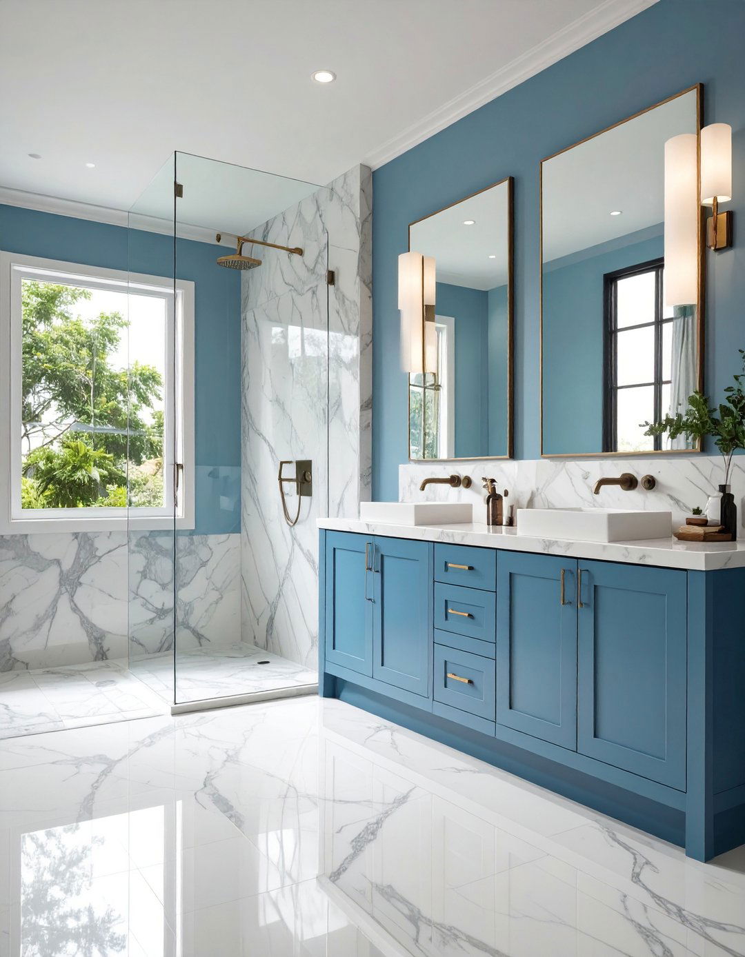 Carrara Veining and Ice Blue Accents - 20 Blue and White Bathroom Ideas