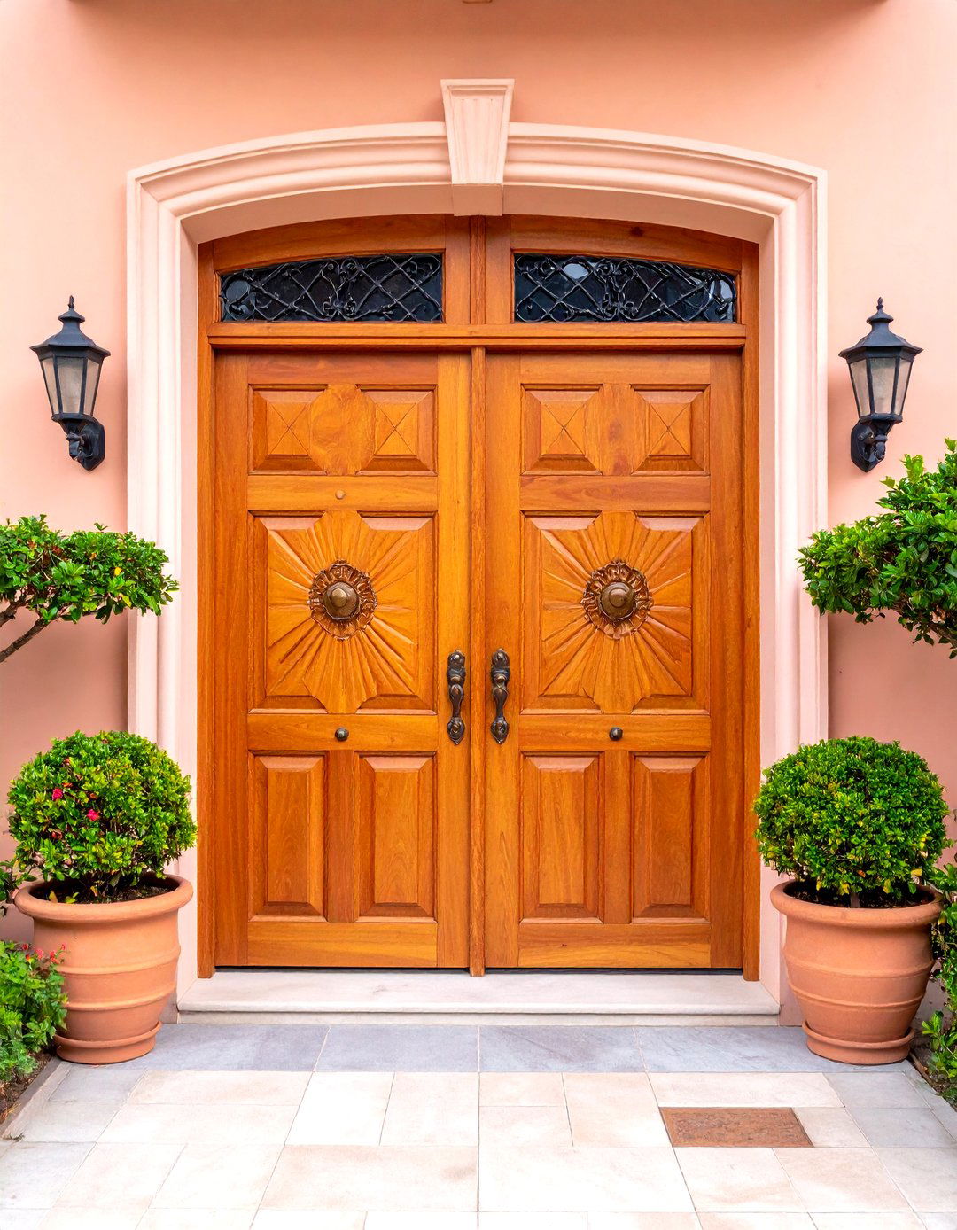 Carved Wooden Double Front Doors for Spanish Style Home Exteriors - 20 spanish style home exterior ideas