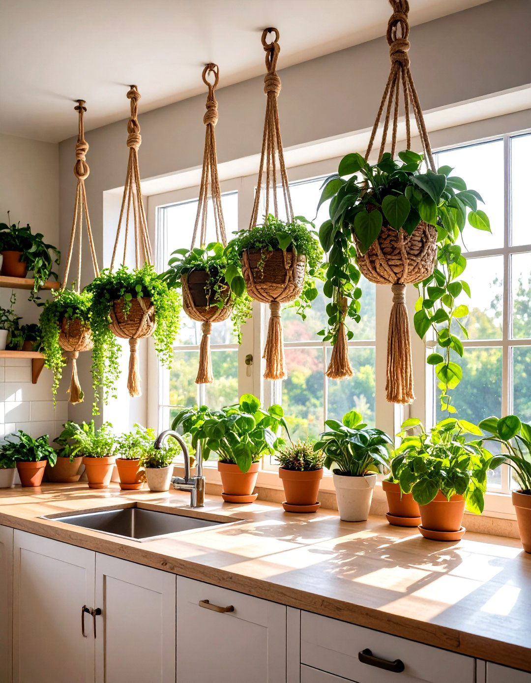 Cascading Greenery and Macrame Hangers for Life Filled Corners - 20 Boho Kitchen Ideas