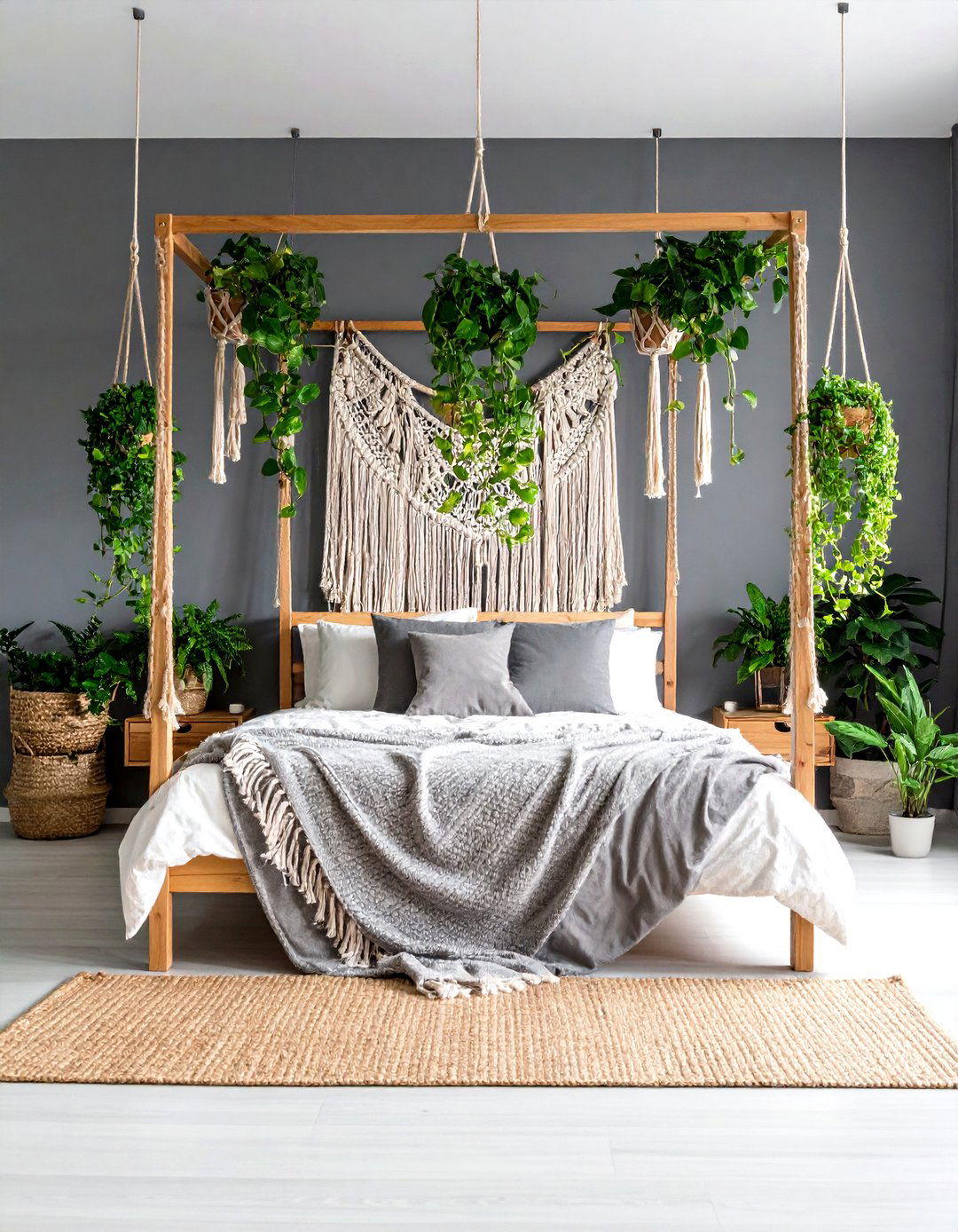 Cascading Indoor Plants Bring Life to a Grey Boho Bedroom - 20 Grey Boho Bedroom Ideas