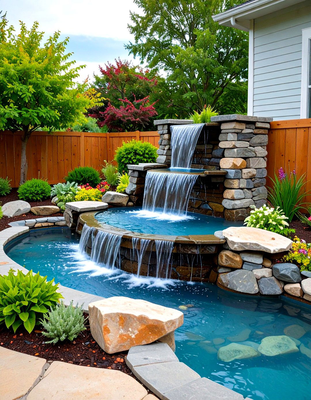 Cascading Water Feature Adds Motion to the Backyard Oasis - 20 Backyard Oasis Ideas
