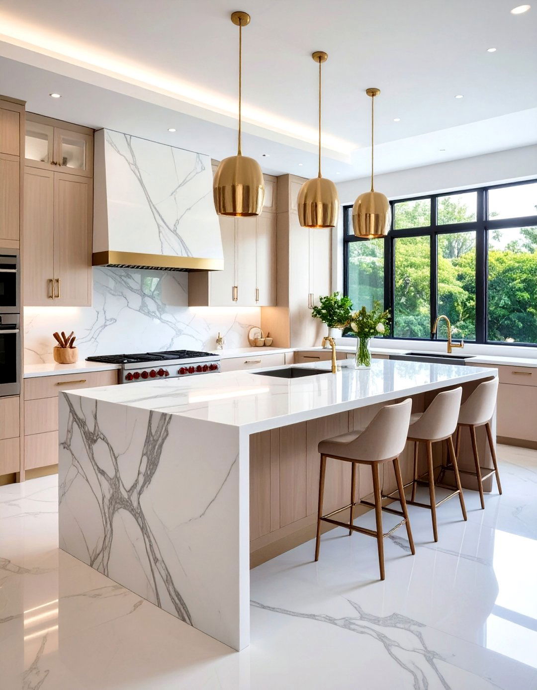 Cashmere Kitchen Island with Marble Waterfall Countertops - 20 Cashmere Kitchen Ideas