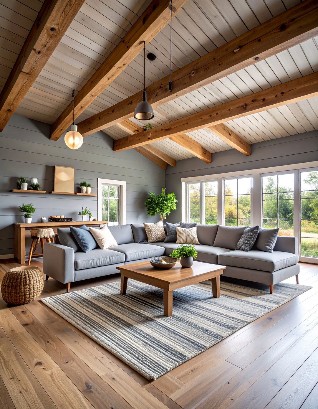 Cedar Beams over Grey Painted Shiplap - 20 Shiplap Ceiling Ideas