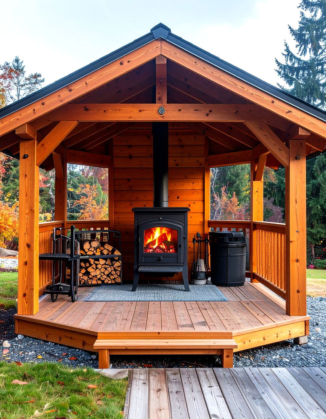 Cedar Gazebo With Cast Iron Wood Stove - 20 Gazebo With Fireplace