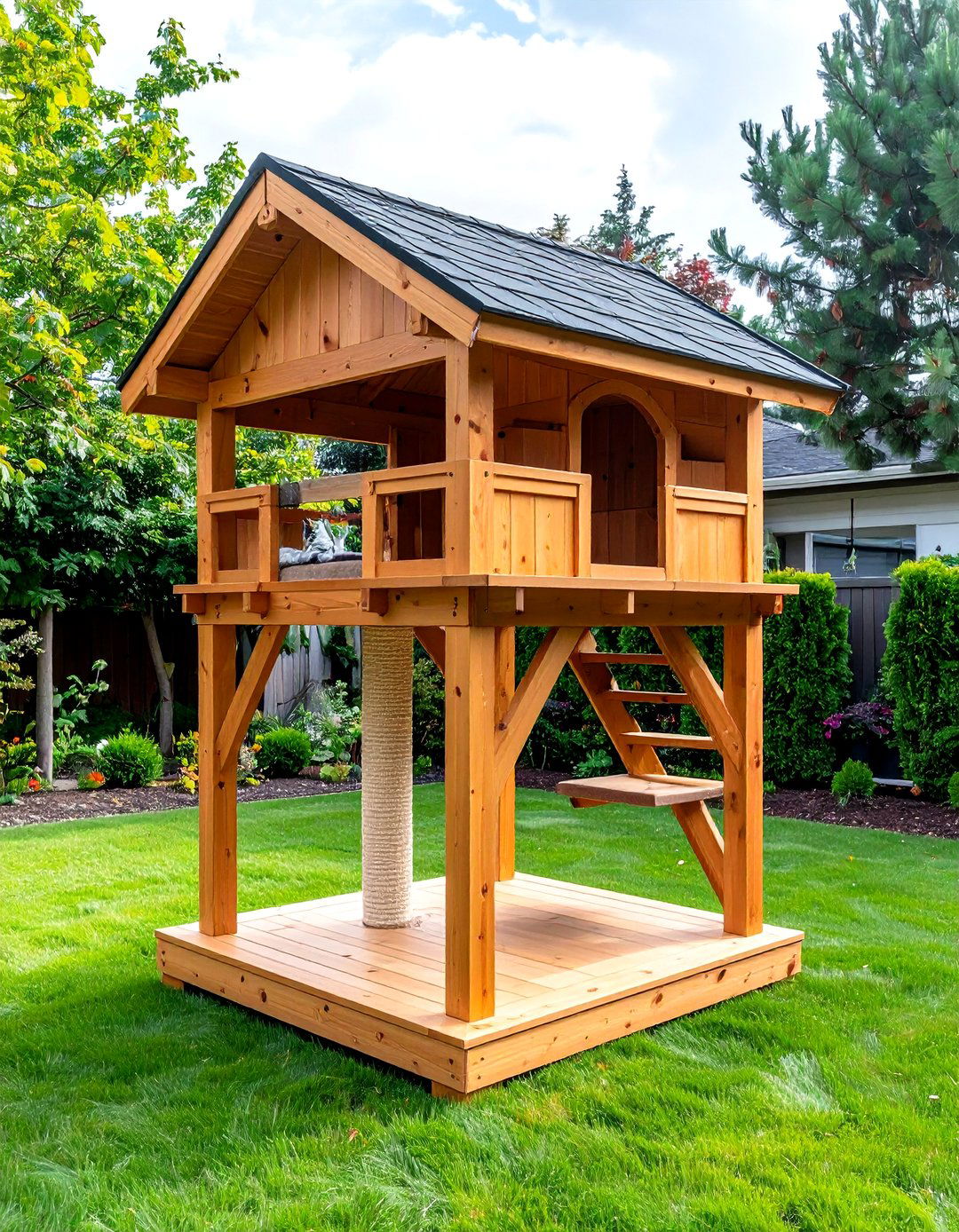 Cedar Outdoor Cat Tree with Integrated Roof - 20 Outdoor Cat Tree Ideas