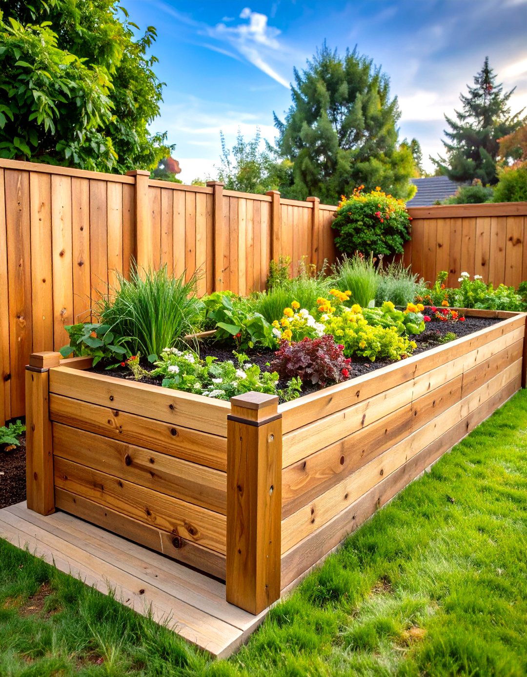 Cedar Plank Raised Garden Bed Along Fence Design - 20 Raised Garden Bed Along Fence Ideas