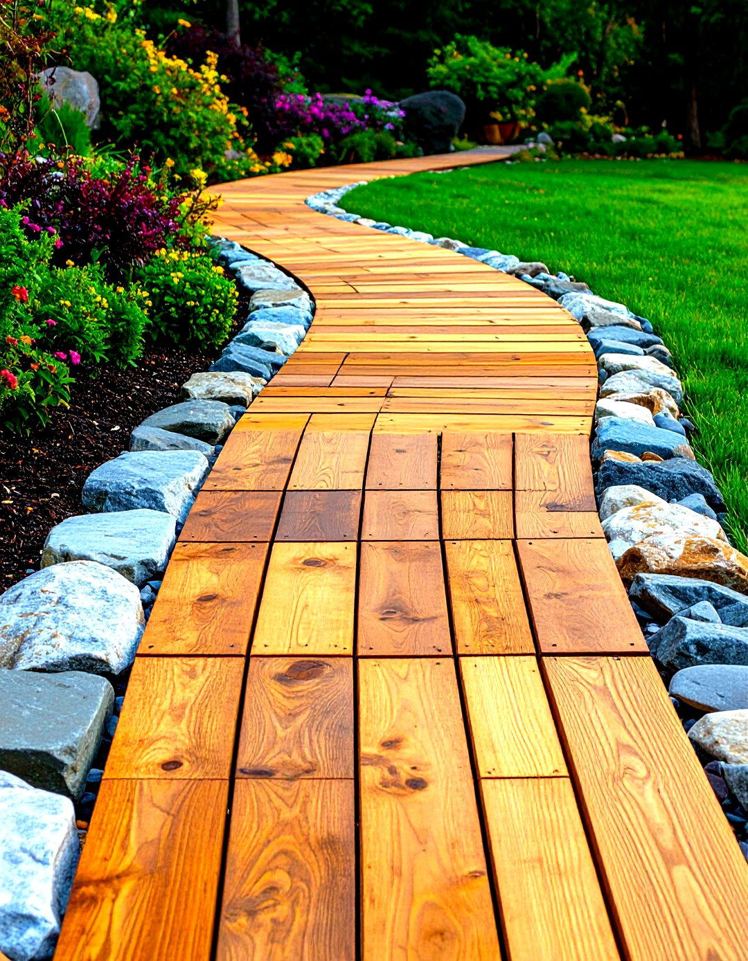 Cedar Plank Wooden Walkway with Stone Edging - 20 Wooden Walkway Ideas