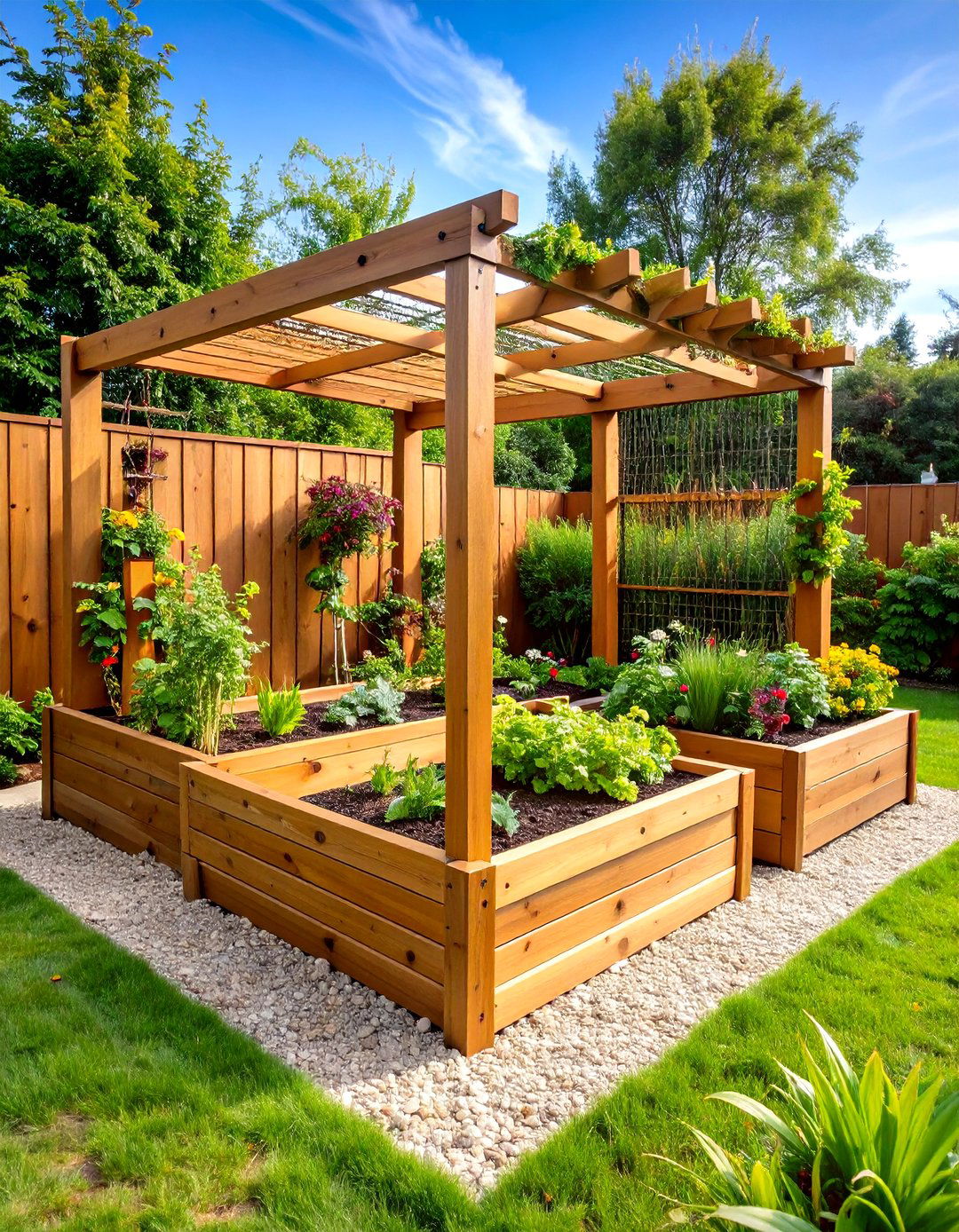 Cedar Raised Garden Bed with Integrated Trellis System - 20 Raised Garden Bed Ideas
