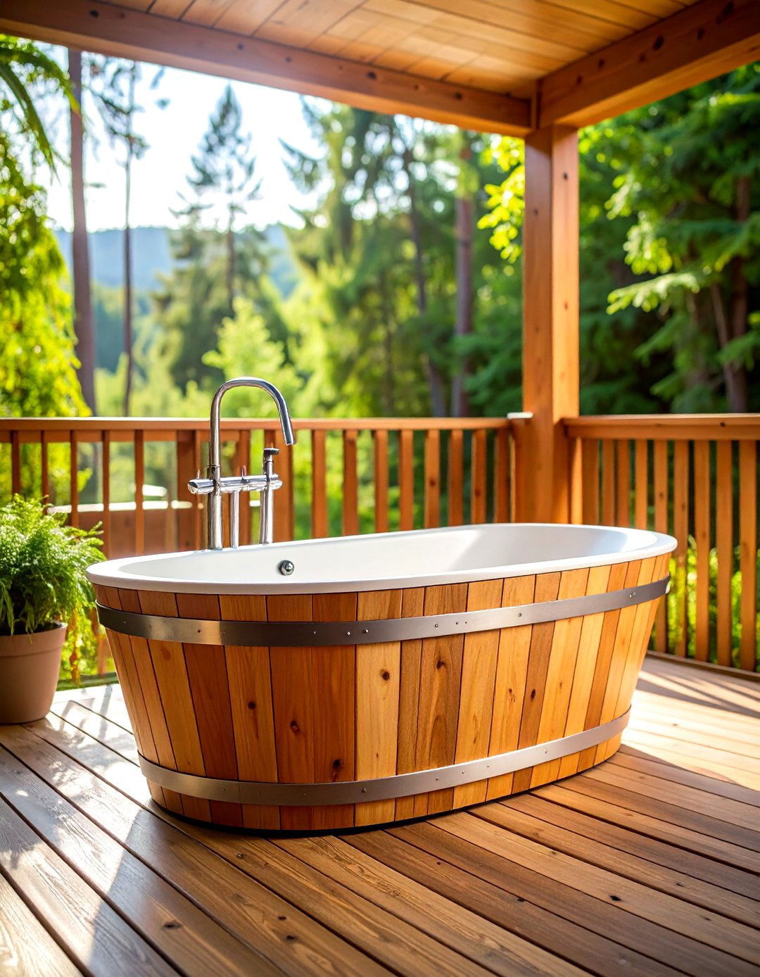 Cedar Wood Outdoor Bathtub with Natural Aromatherapy - 20 Outdoor Bathtub Ideas