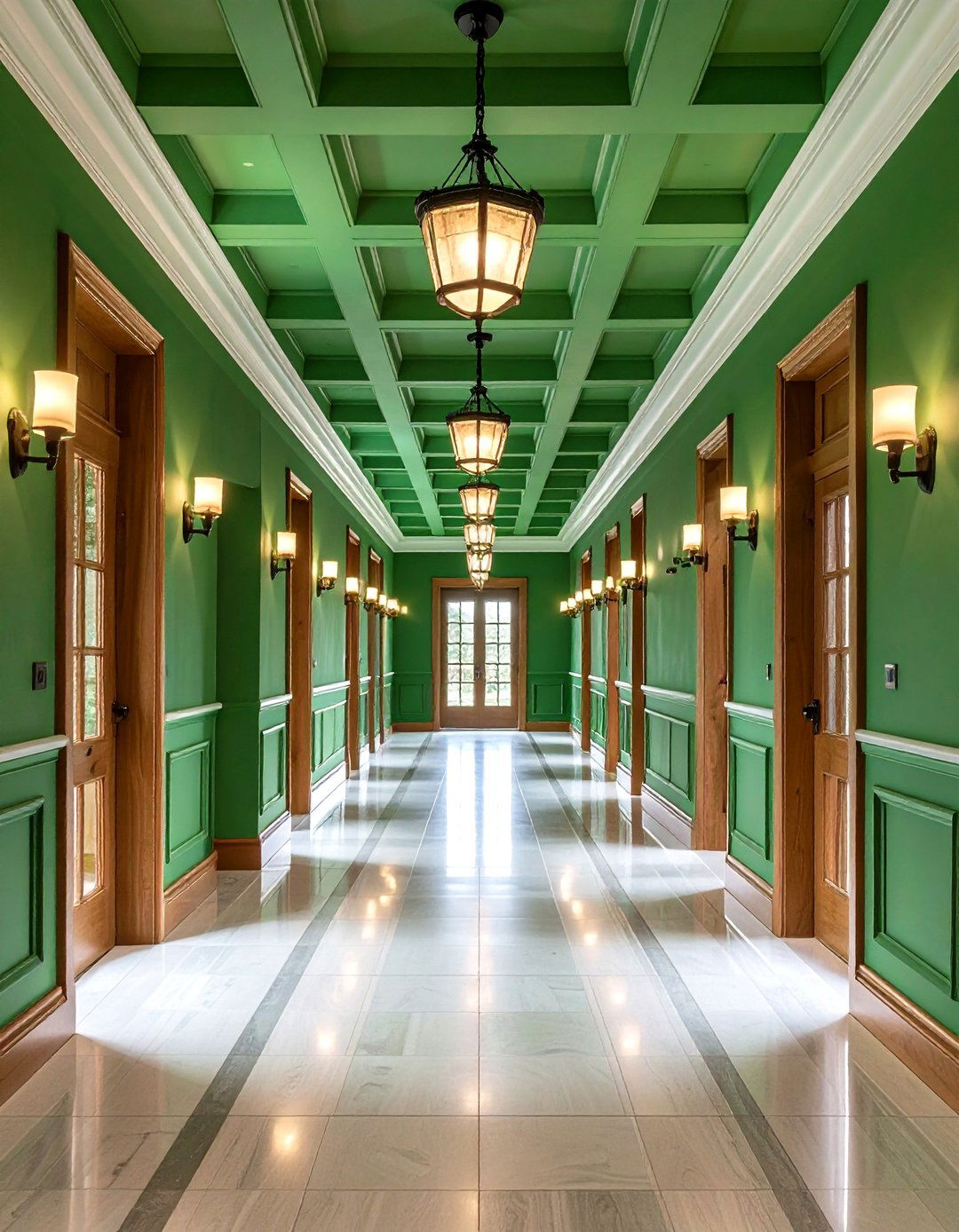 Ceiling Drenched Green Hallway - 20 Green Hallway Ideas