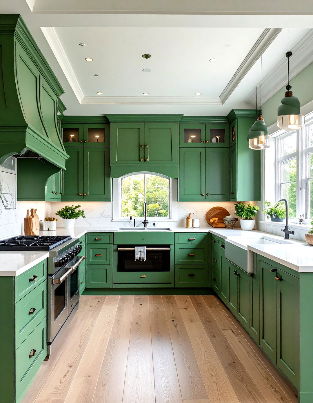 Ceiling Height Green Cabinet Continuity - 20 Green Kitchen Cabinet Ideas