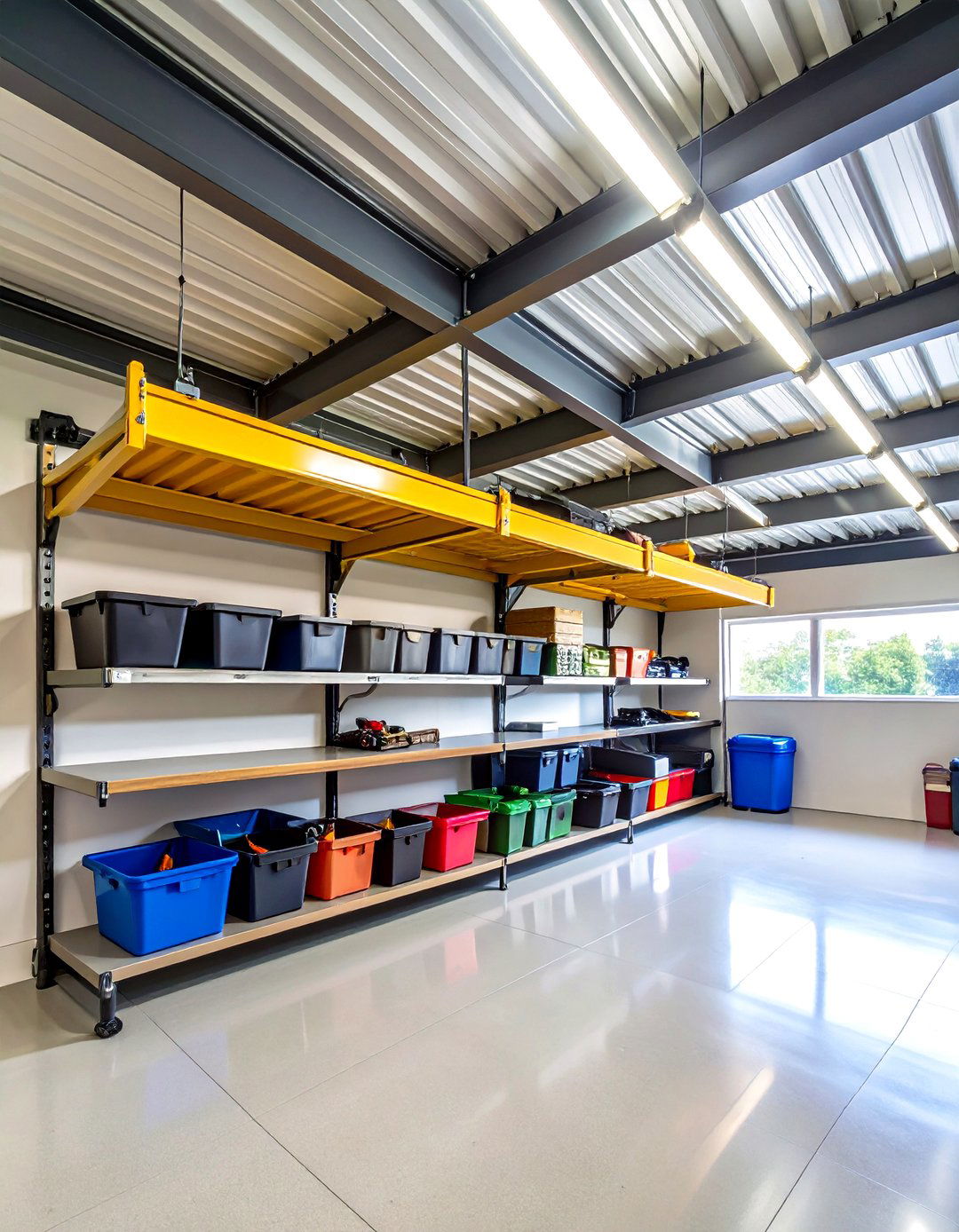 Ceiling Mounted Garage Shelving for Bulky Seasonal Bins - 20 Garage Shelving Ideas