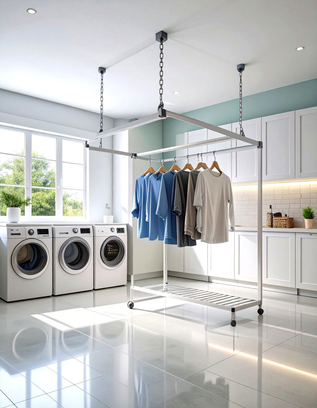 Ceiling Suspended Laundry Room Drying Rack with Chains - 20 Laundry Room Drying Rack Ideas