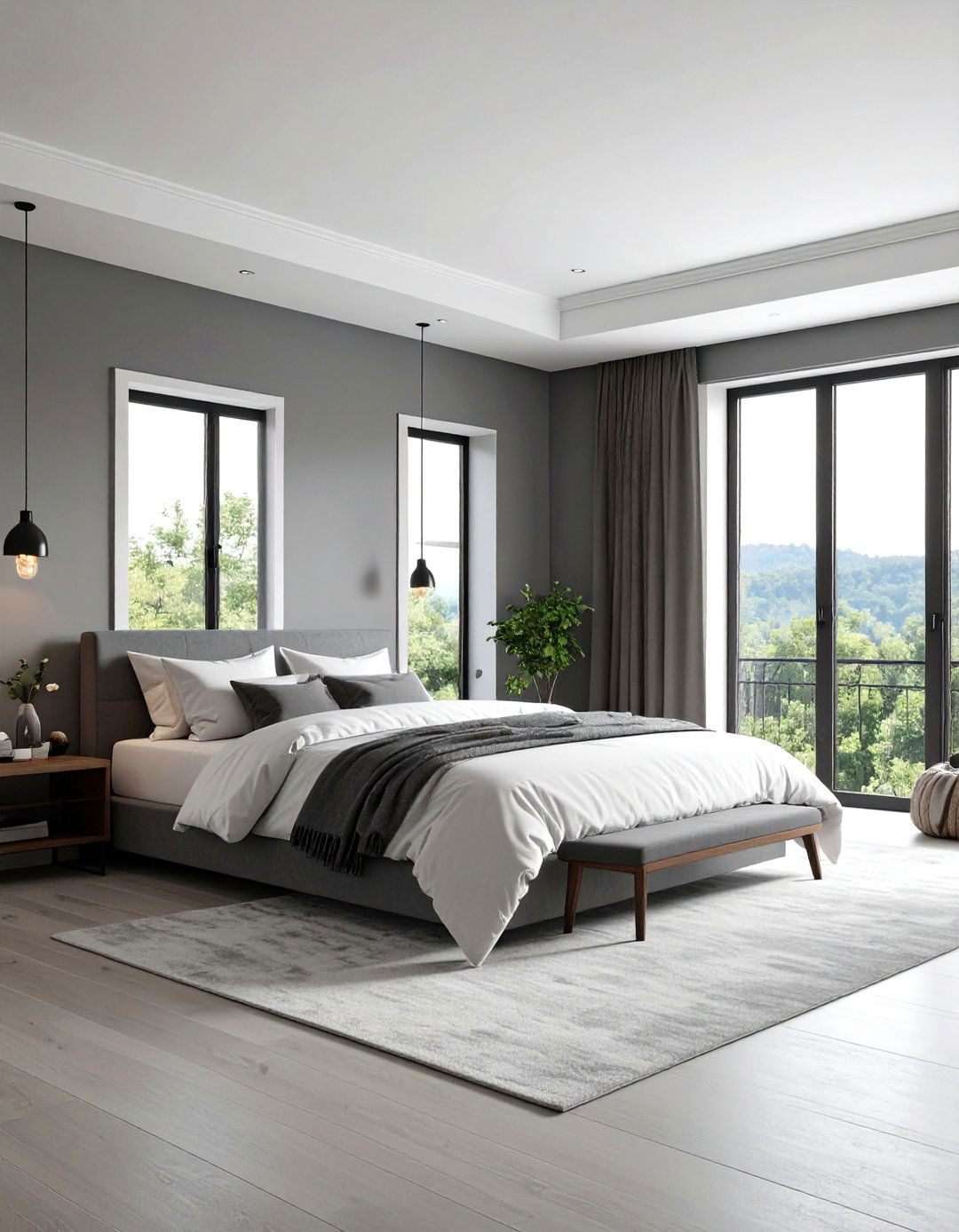 Ceiling and Trim Contrast in a Grey and White Bedroom for Definition - 20 Grey and White Bedroom Ideas