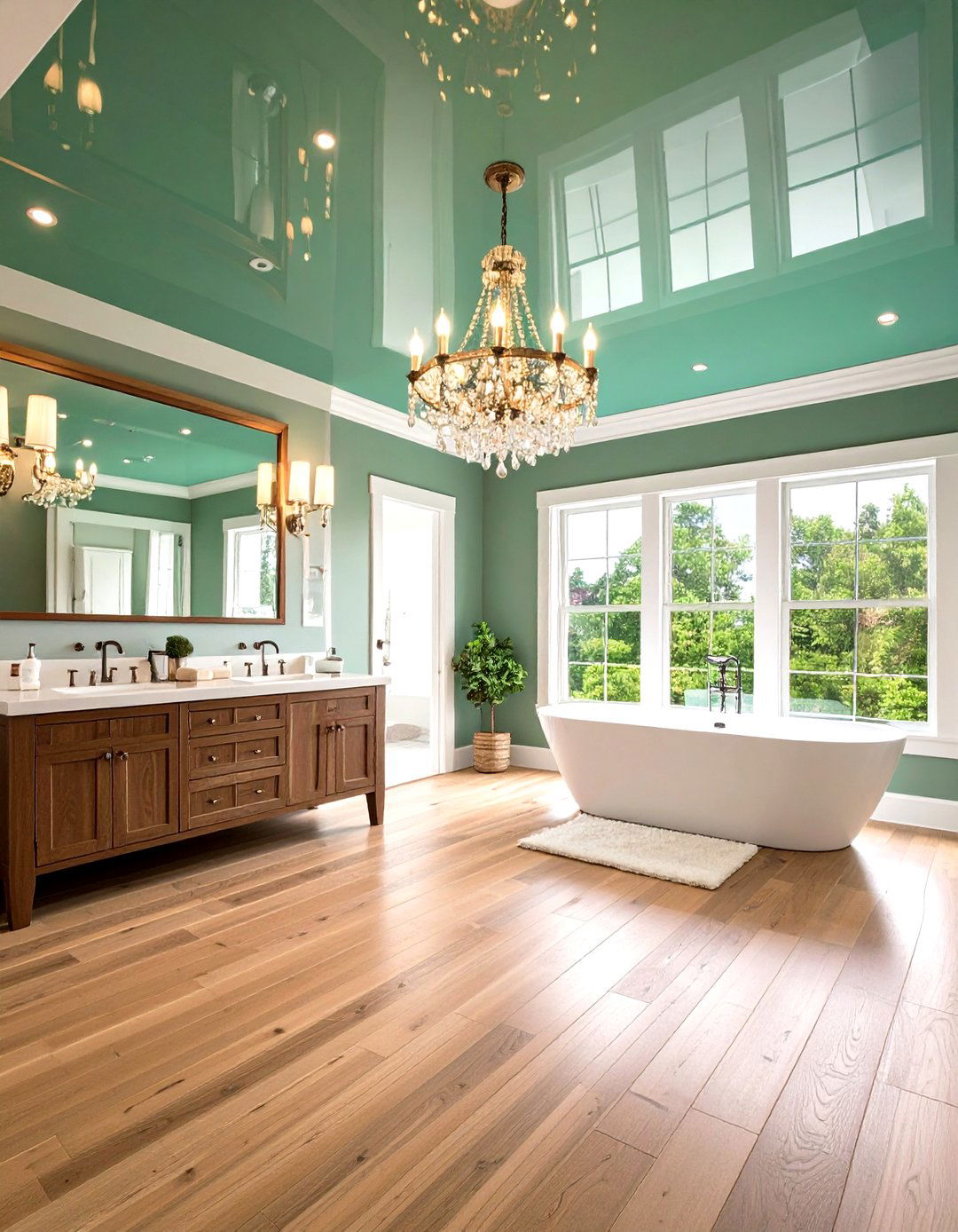 Celadon High Gloss Bathroom Ceiling Reflects Spa Light - 20 Green Ceiling Ideas