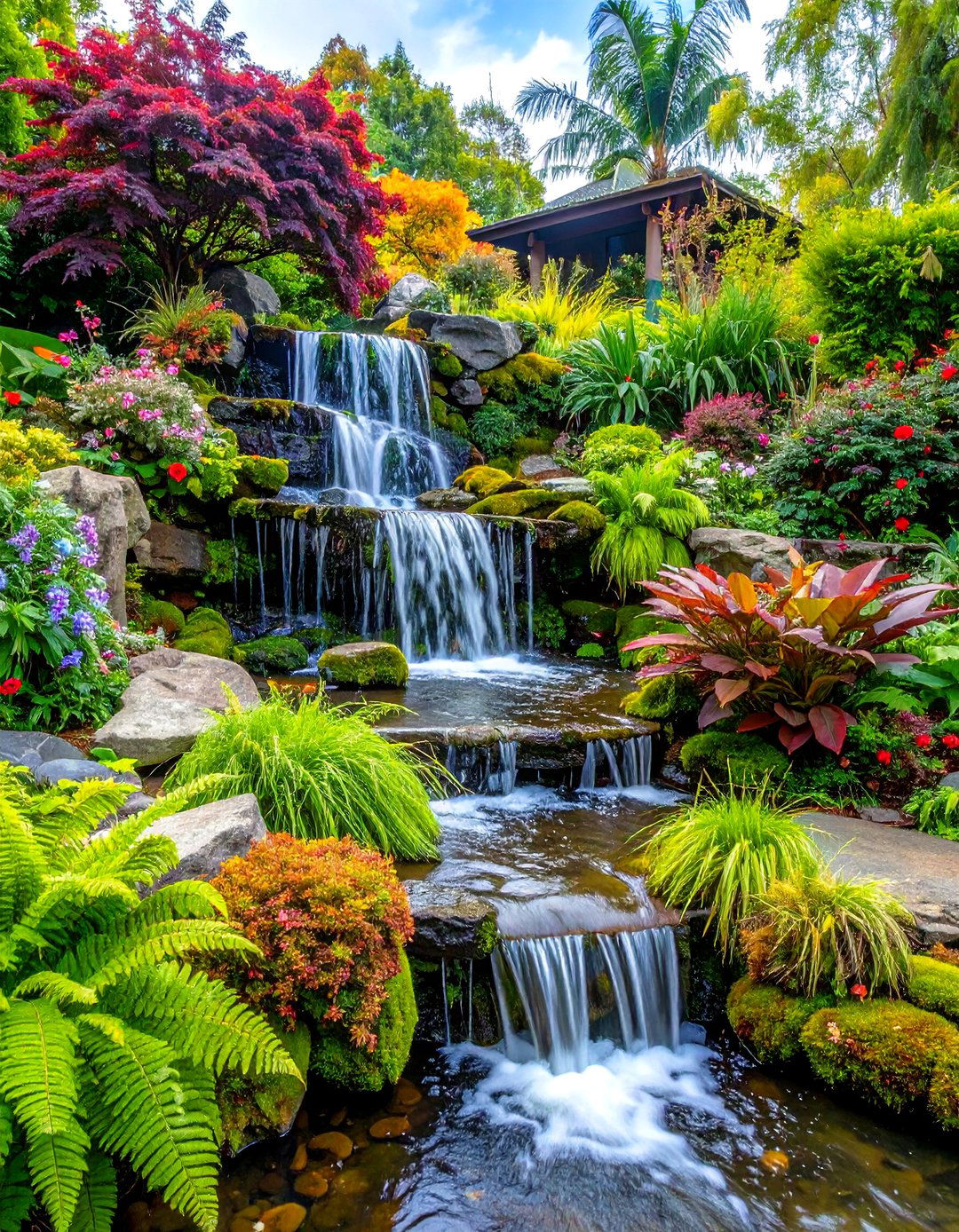 Central Waterfall Feature - 20 Tropical Landscape Ideas