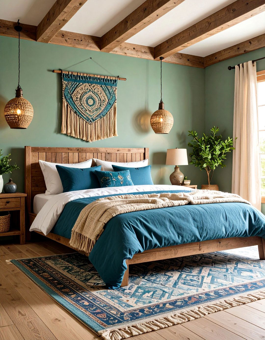 Cerulean Blue and Moss Green Bedroom with Rustic Elements - 20 blue and green bedroom ideas