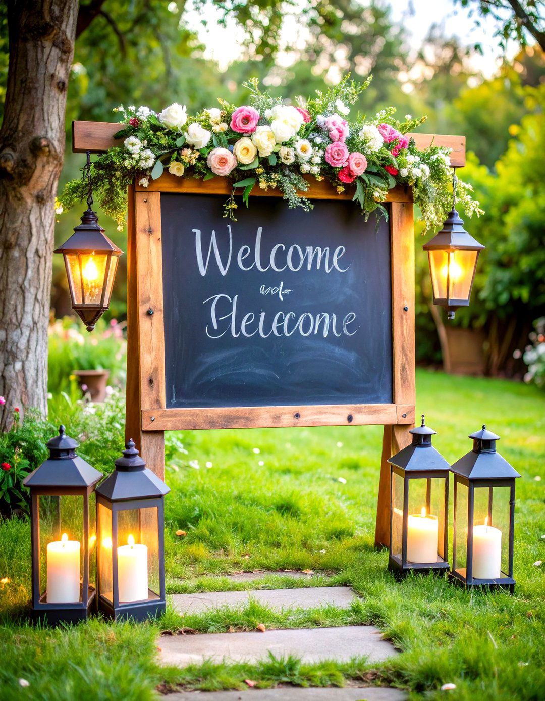 Chalkboard A Frame Wedding Welcome Sign with Seasonal Floral Wreath - 20 Wedding Welcome Sign Ideas